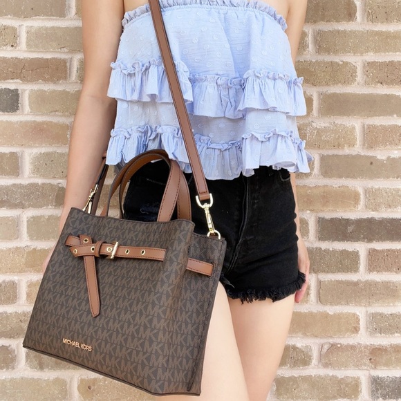 Michael Kors Emilia Small Triple Compartment Satchel Crossbody Brown MK Logo - Picture 6 of 6